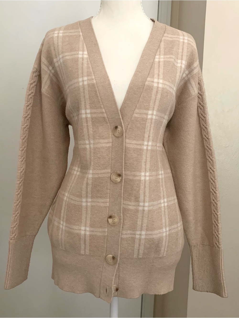 Joie Cardigan Sweater Classic Plaid Beige Neutral V-neck Long Sleeve Sz M
